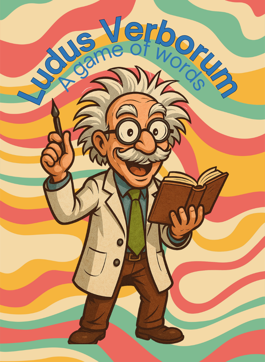 Boxtop of Ludus Verborum: A game of words.  Educational card game that builds recognition of Latin based words and understanding of morphemes and morphology.